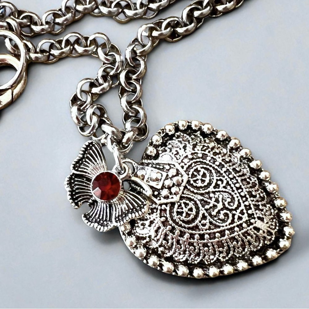 Beautiful Silver Toned Heart Necklace with Butterfly and Red Gem Charm 16.5” - Picture 11 of 17